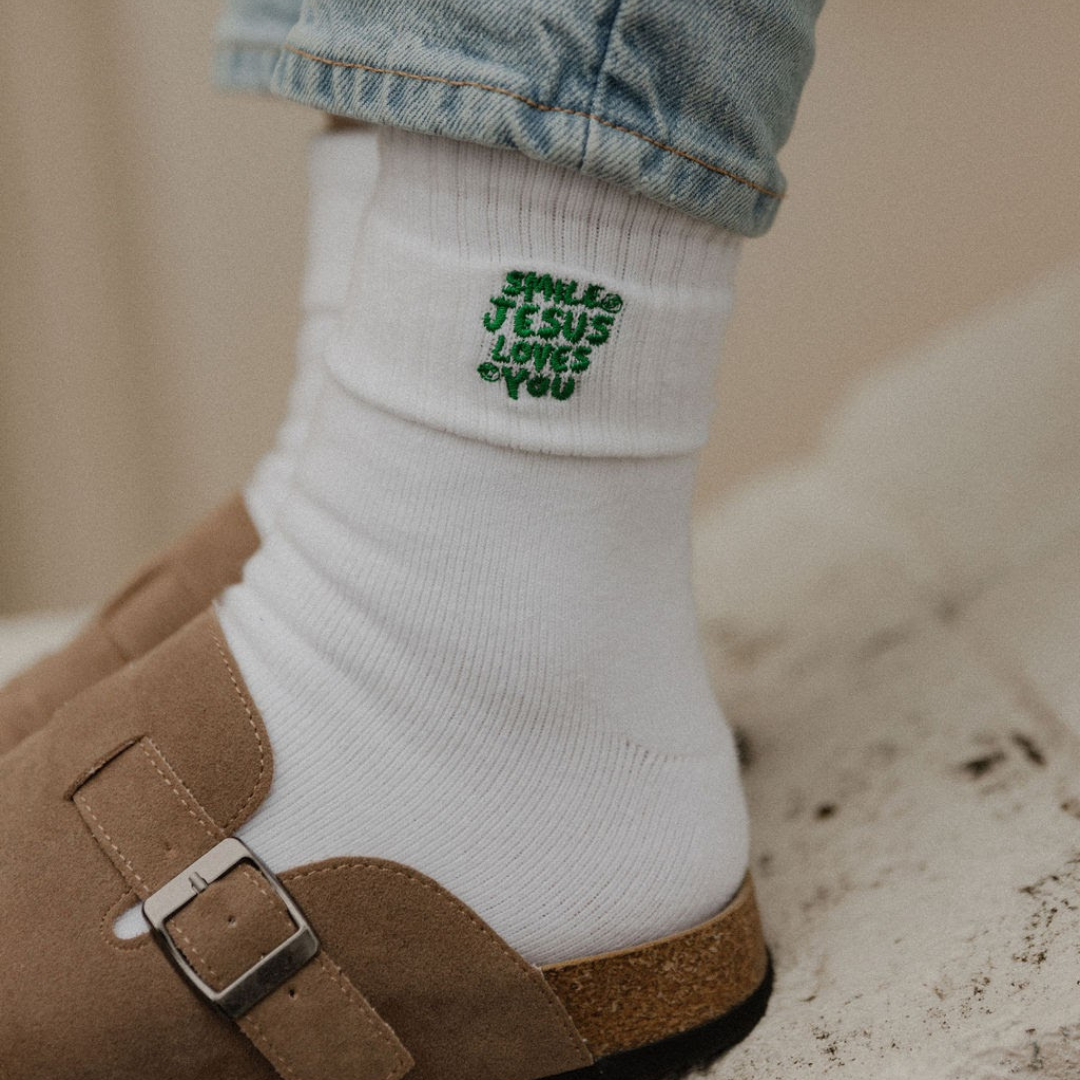 Smile Jesus Loves You Green Embroidered Socks