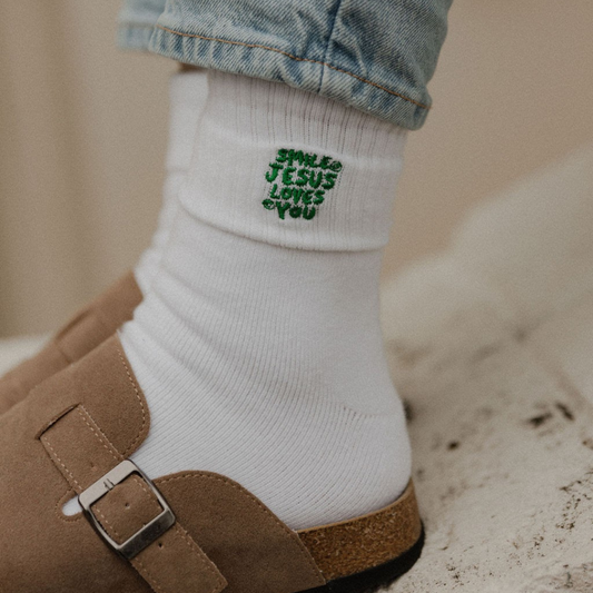 Smile Jesus Loves You Green Embroidered Socks