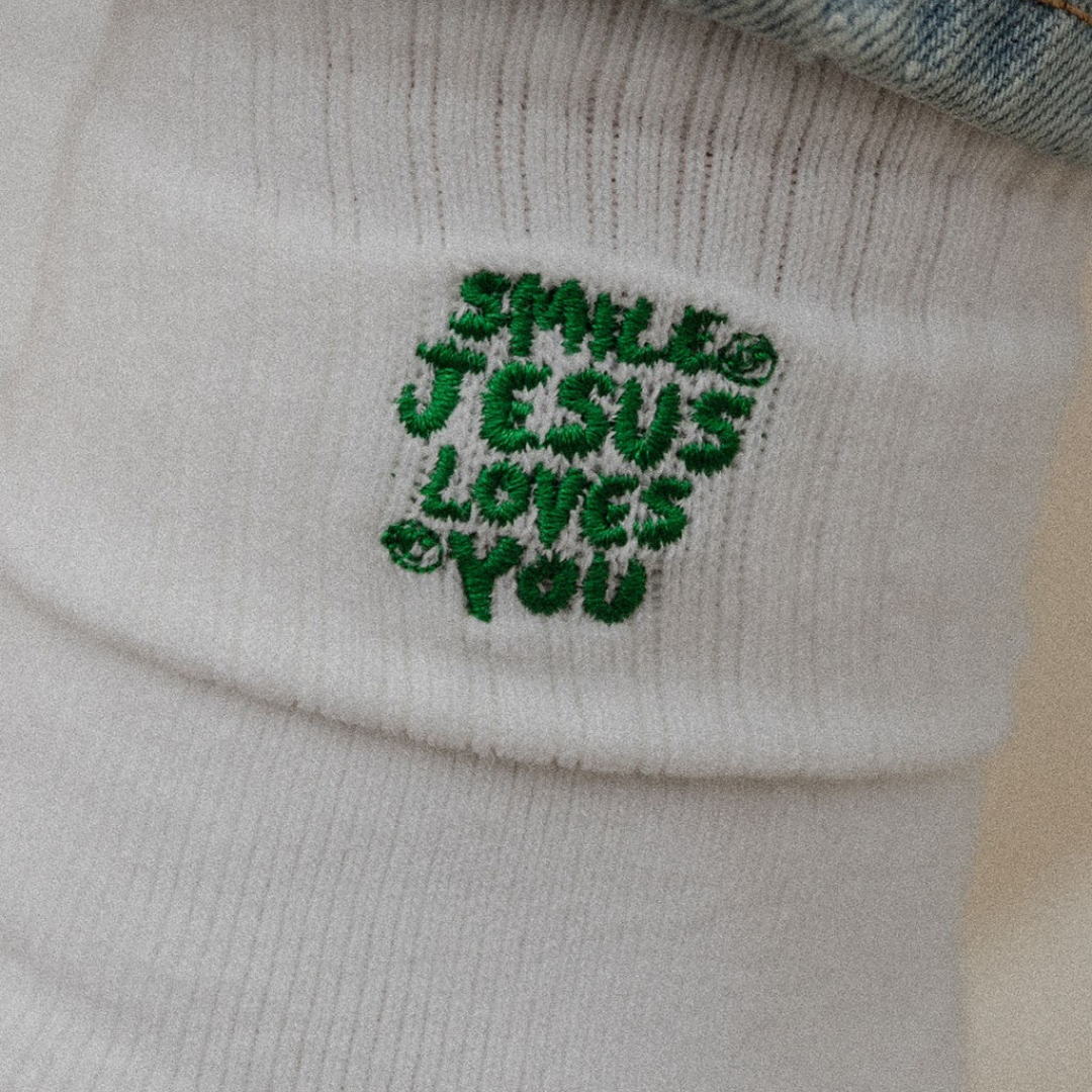 Smile Jesus Loves You Green Embroidered Socks