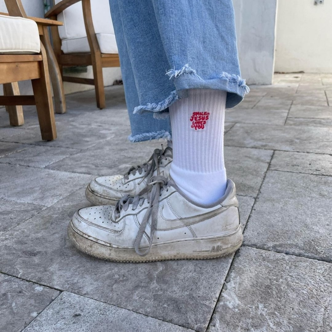 Smile Jesus Loves You Red Embroidered Socks