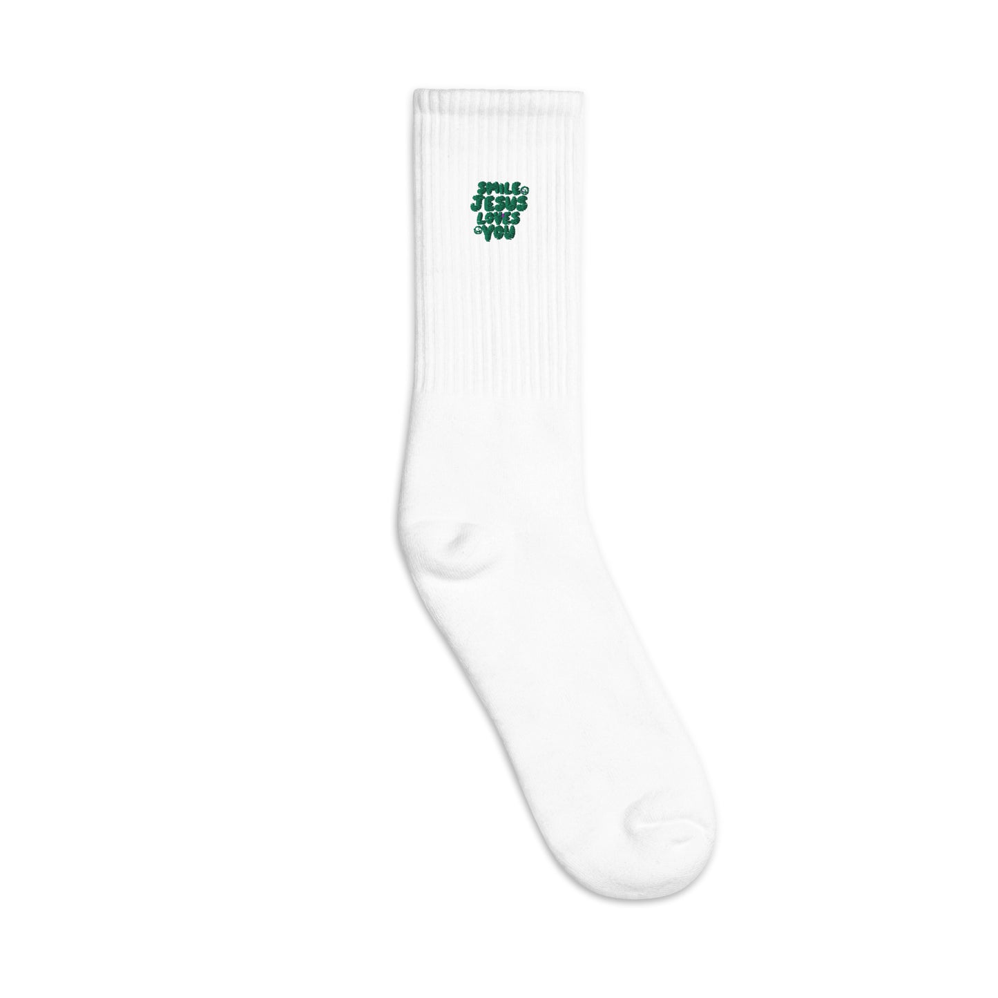 Smile Jesus Loves You Green Embroidered Socks